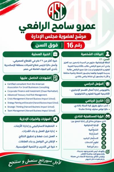 عمرو الرافعي  مرشح لعضوية مجلس إدارة نادي سبورتنج فوق السن رقم 16